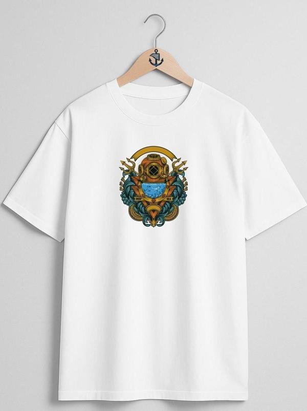 Oversize Vintage Diving Göğüs Tasarımlı Unisex T-Shirt - Image 1
