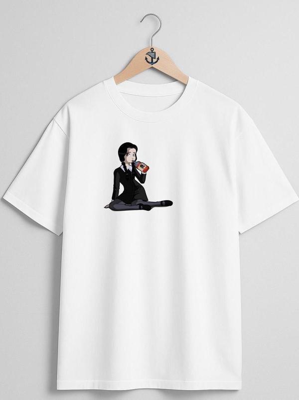 Oversize Wednesday Addams Morticia Addams Thing Drawing Göğüs Tasarımlı Unisex T-Shirt - Image 1