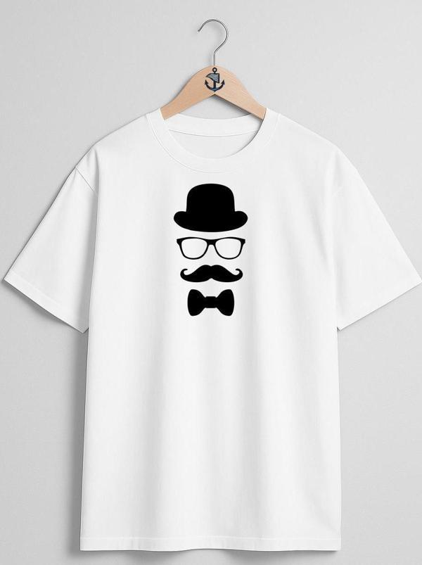Oversize Bıyık Silindir Şapka Gözlük Papyon Göğüs Tasarımlı Unisex T-Shirt - Image 1