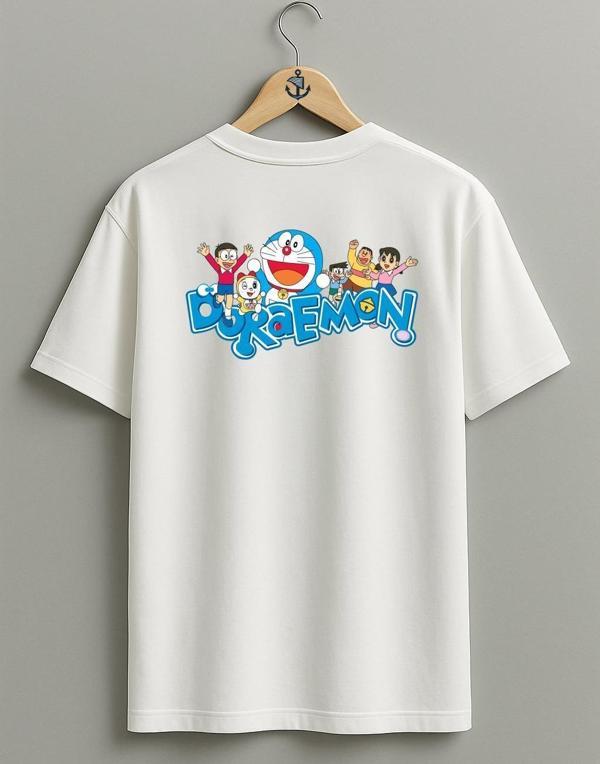 Oversize Doraemon Logo Sırt Tasarımlı Unisex T-Shirt - Image 1