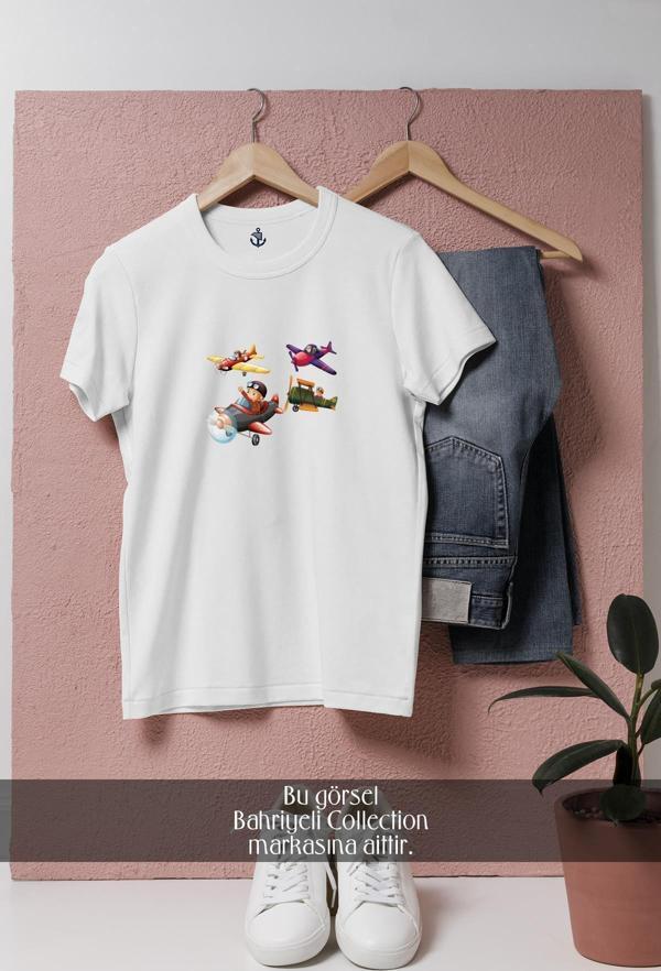 Oversize Airplane Aircraft Flight Illustration Cartoon  Tasarımlı Unisex T-Shirt - Image 1