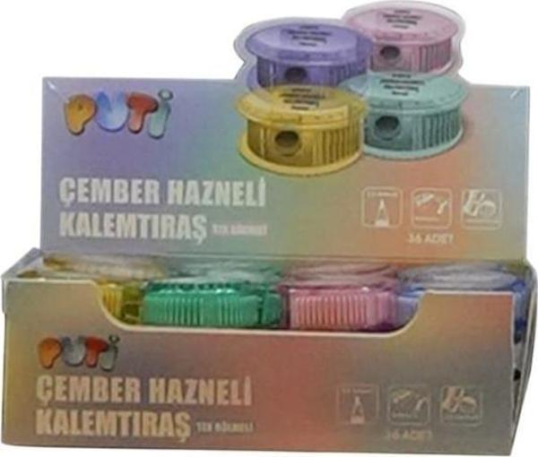 Puti Tek Bölmeli Çember Hazneli Kalemtraş 4 Renk 09797 (36 Lı Paket) - Image 1