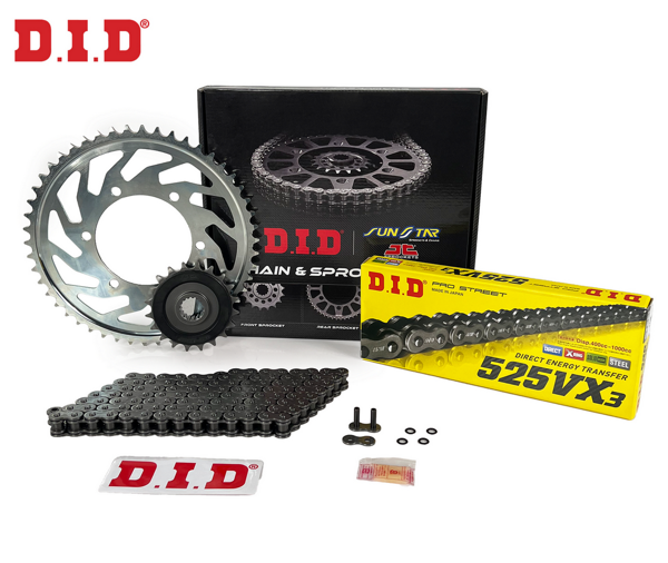 ZİNCİR DİŞLİ SETİ APRILIA TUONO R 1000cc ZİNCİR: DID-525VX3 Çelik-108 ÖN-ARKA DİŞLİ: JT 17T-42T 2002-2005 - Image 1