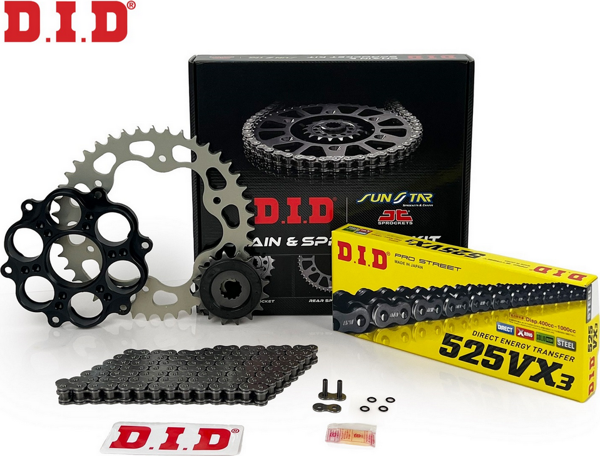 ZİNCİR DİŞLİ SETİ DUCATI DIAVEL 1200cc ZİNCİR: DID-525VX3 Çelik-118 ÖN-ARKA DİŞLİ: JT 15T-43T 2011-2014 - Image 1