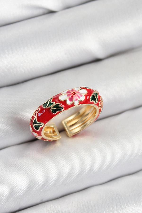 Pirinç Kırmızı Mineli Çiçek Motifli Gold Renk Ayarlanabilir Kadın Yüzük - Image 1