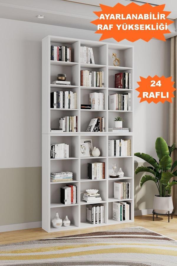 Aeka Ae-1079 İmre Beyaz 24 Raflı Kitaplık Kütüphane Ayarlanabilir Raf Geniş Çocuk Odası - Image 1