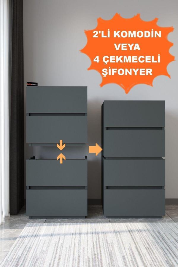 Aeka Ae-2034 Galata 4 Çekmeceli Patentli Antrasit Şifonyer Yatak Odası Bebek Odası Komodin - Image 1
