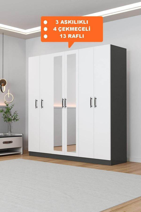 Aeka Ae-2116 Kale Aynalı Antrasit/Beyaz, 6 Kapaklı Gardırop, 13 Raflı, 3 Askılıklı 180 Cm Dolap - Image 1