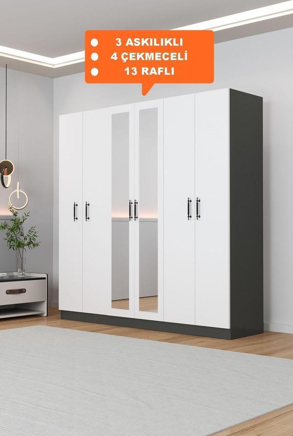 Aeka Ae-2116 Kale Aynalı Antrasit/Beyaz, 6 Kapaklı Gardırop, 13 Raflı, 3 Askılıklı 180 Cm Dolap - Image 1