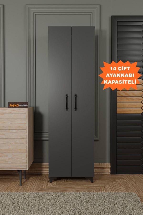 Aeka Ae-3085 Selen Antrasit Ayakkabılık, 7 Raflı, Ayaklı, 2 Kapaklı Çok Amaçlı Dolap, Kiler Dolabı - Image 1