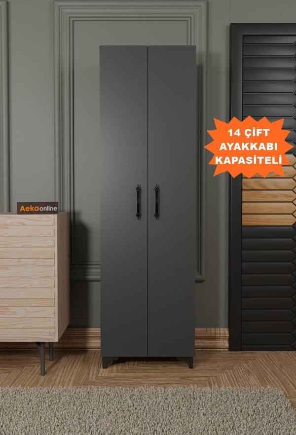 Aeka Ae-3085 Selen Antrasit Ayakkabılık, 7 Raflı, Ayaklı, 2 Kapaklı Çok Amaçlı Dolap, Kiler Dolabı - Image 1