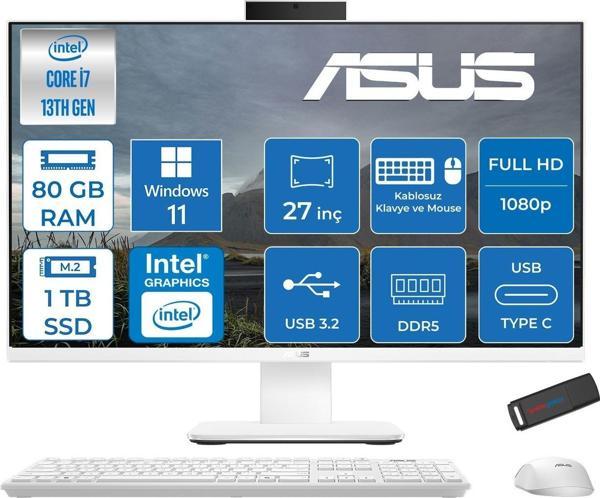 Asus V470VAK Intel Core I7-13620H 80GB Ddr5 1tb SSD 27'' Fhd 100Hz 300NITS WIN11HOME Beyaz Allınone Bilgisayar ABI716512W0DH33+ZETTAUSBBELLEK - Image 1