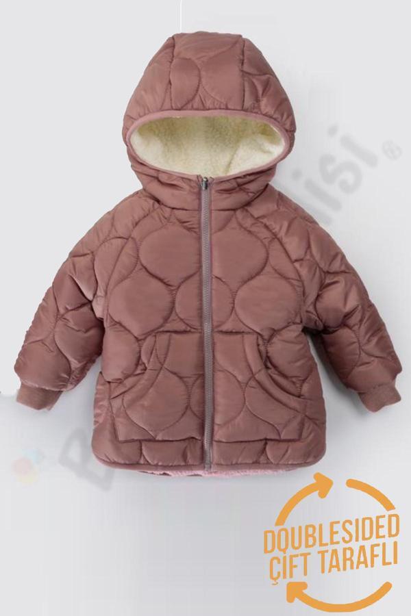 Çift Taraflı Fermuarlı İçi Peluş Kürklü Şişme Cepli Kar Kapüşonlu Kışlık Kız Bebek Mont Çocuk Kaban - Image 1