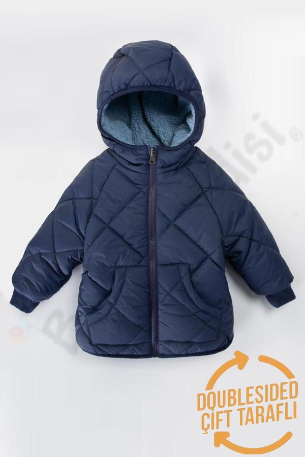Çift Taraflı Peluş Kürklü Şişme Fermuarlı Cepli Kar Kapüşonlu Kışlık Erkek Bebek Mont Çocuk Kaban - Image 1