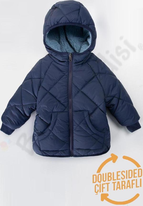 Çift Taraflı Peluş Kürklü Şişme Fermuarlı Cepli Kar Kapüşonlu Kışlık Erkek Bebek Mont Çocuk Kaban - Image 1