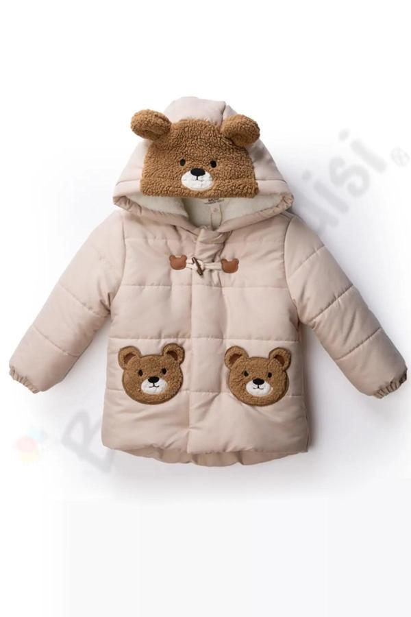 Ayıcıklı Fermuarlı İçi Peluş Kürklü Kalın Kapüşonlu Kar Şişme Kışlık Erkek Bebek Mont Çocuk Kaban - Image 1