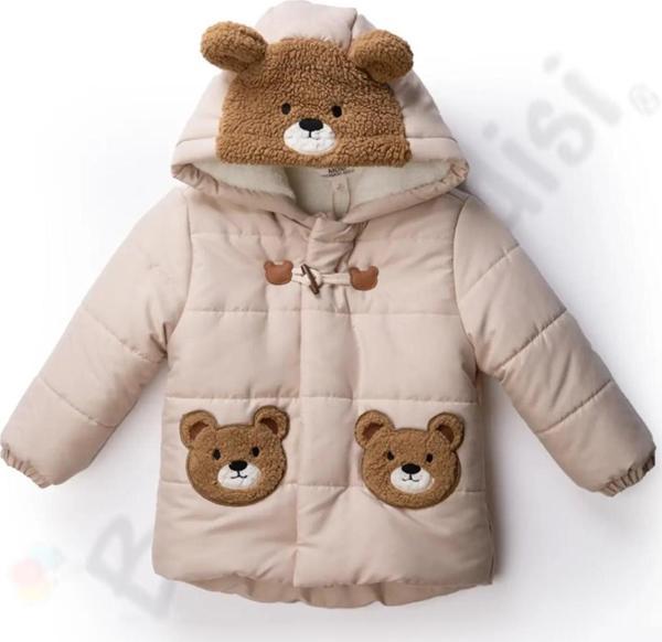 Ayıcıklı Fermuarlı İçi Peluş Kürklü Kalın Kapüşonlu Kar Şişme Kışlık Erkek Bebek Mont Çocuk Kaban - Image 1