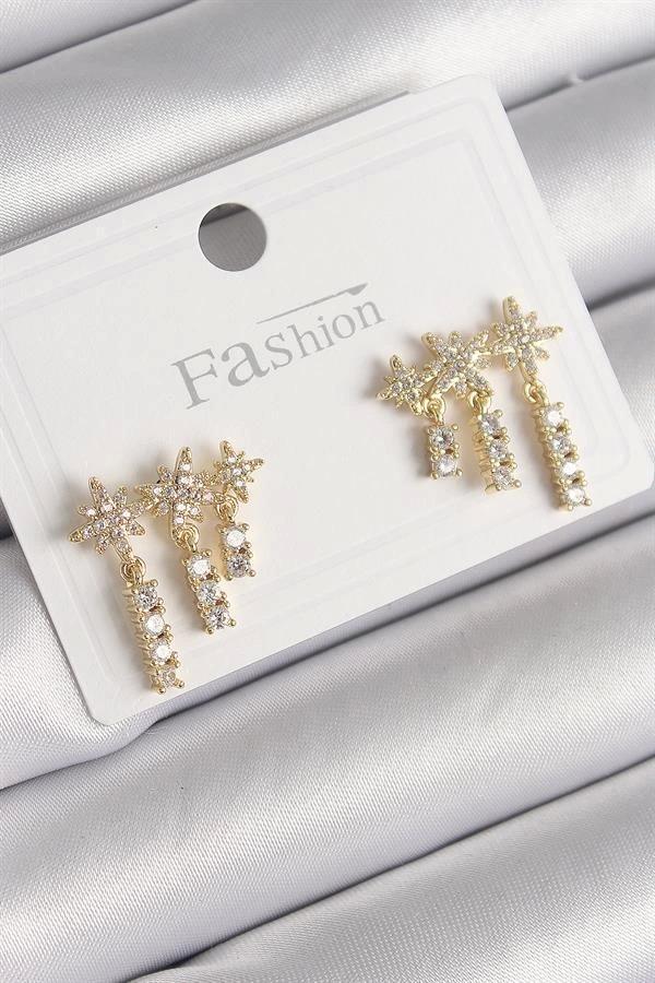 Pirinç Gold Renk Zirkon Taşlı 3'Lü Sallantı Yıldız Model Kadın Küpe - Image 1