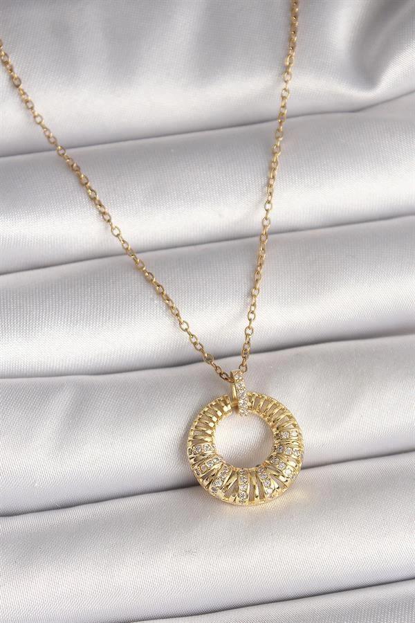 316L Çelik Gold Renk Zincir Zirkon Taş İşlemeli Daire Model Kadın Kolye - Image 1
