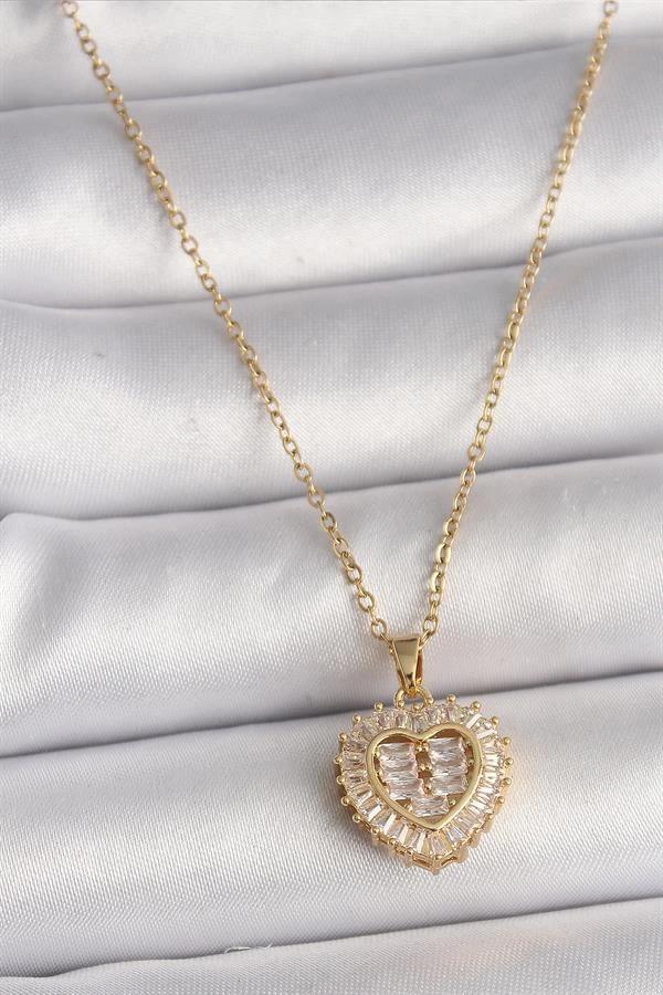 316L Çelik Gold Renk Zincir Zirkon Taşlı Kalp Model Kadın Kolye - Image 1