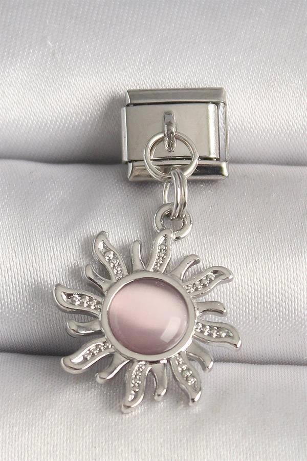 316L Çelik Gümüş Renk Pembe Mineli Güneş Model Nomination Charm - Image 1