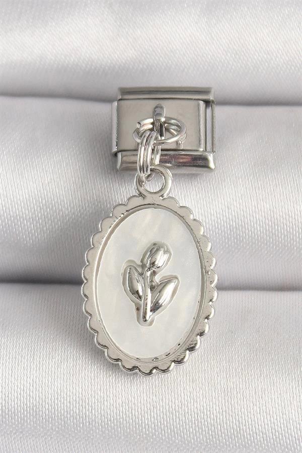 316L Çelik Gümüş Renk Beyaz Mineli Çiçek İşlemeli Nomination Charm - Image 1