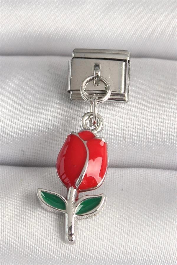 316L Çelik Gümüş Renk Kırmızı Gül Model Nomination Charm - Image 1
