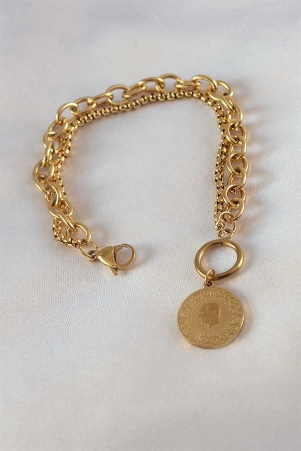 316L Çelik Gold Renk 2'li Zincir Model Çeyrek Altınlı Kadın Bileklik - Image 1