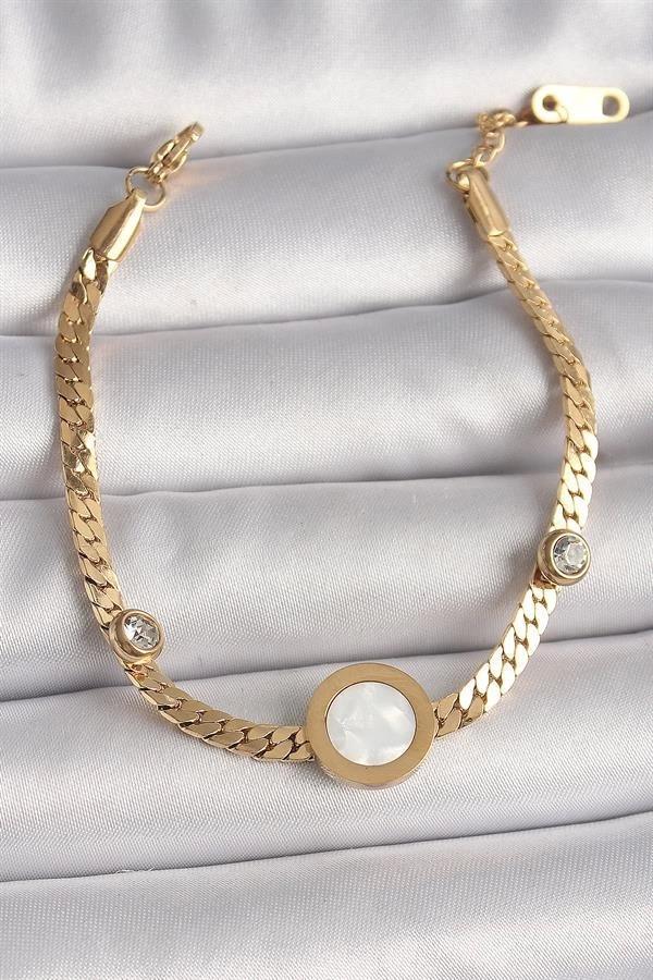 316L Çelik Gold Renk Yassı Zincir Model Zirkon Taş Detaylı Beyaz Mineli Madalyon Model Kadın Bilekli - Image 1