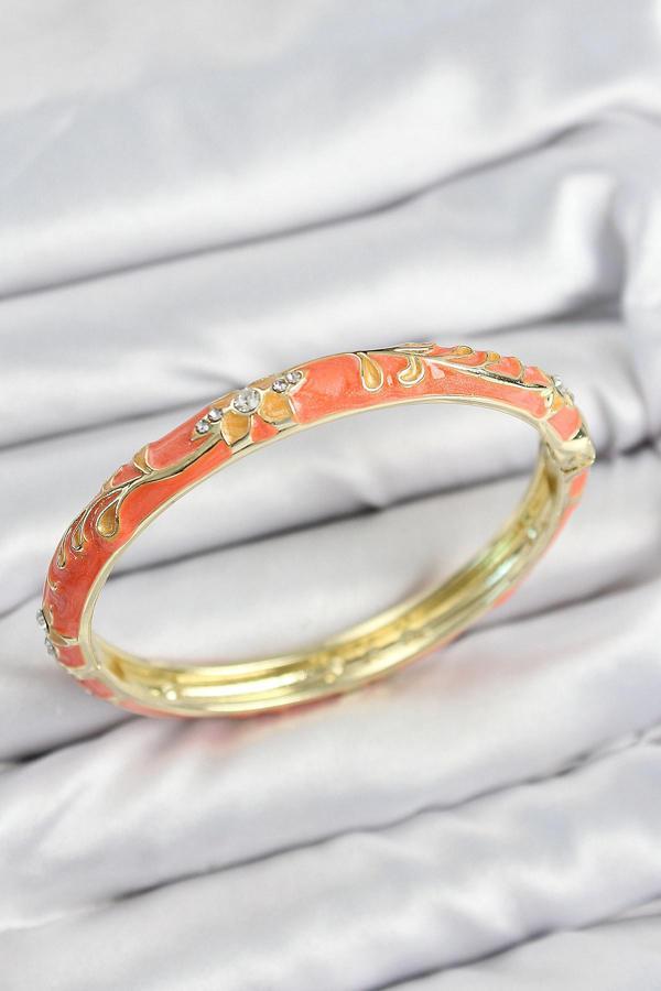 Mineli Pirinç Zirkon Taşlı Turuncu Çiçek Motifli Gold Kadın Kelepçe - EBJ250802W37105 - Image 1