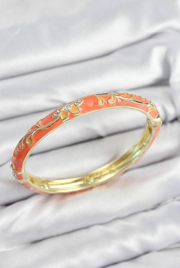 Mineli Pirinç Zirkon Taşlı Turuncu Çiçek Motifli Gold Kadın Kelepçe - EBJ250802W37105 - Image 1