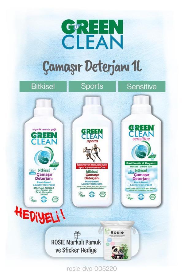 Green Clean Çamaşır Deterjanları 1 L x 3 ve Rosie Pamuk Hediye - Image 1
