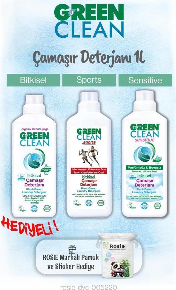 Green Clean Çamaşır Deterjanları 1 L x 3 ve Rosie Pamuk Hediye - Image 1