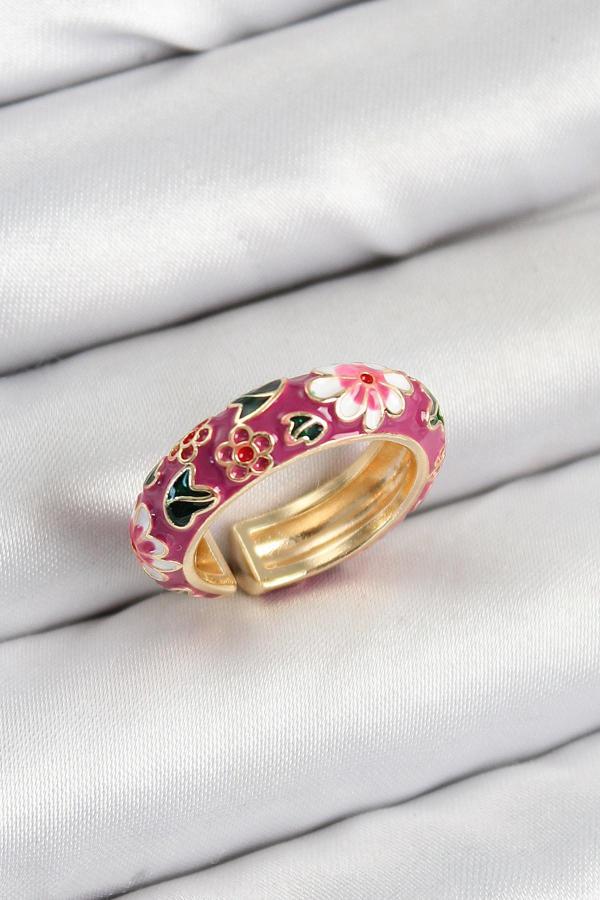 Pirinç Fuşya Mineli Çiçek Motifli Gold Renk Ayarlanabilir Kadın Yüzük - EBJ250802W37058 - Image 1