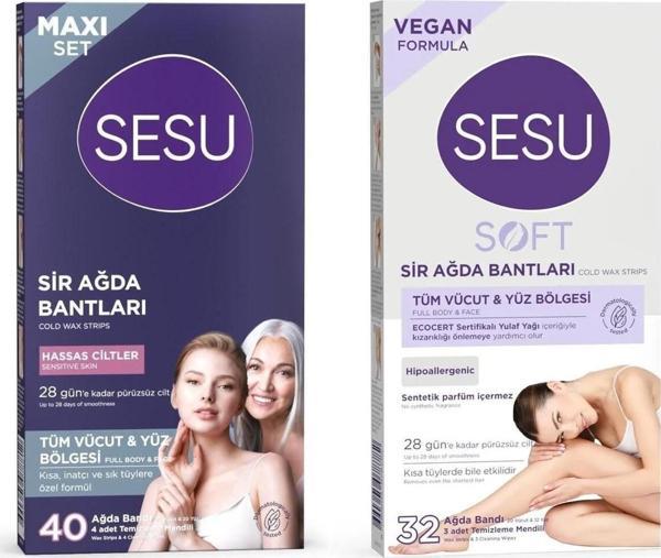 Sesu Maxi Set Tüm Vücut & Yüz Bölgesi Sir Ağda Bantları Hassas 40 lı + Soft 32 li - Image 1