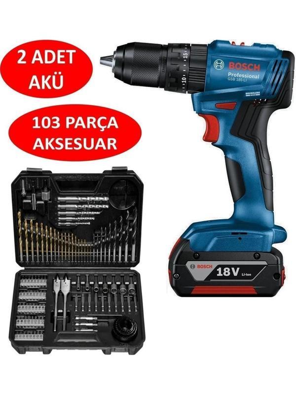Bosch GSB 185-LI 2 x 2.0 Ah Çift Akülü Darbeli Matkap + 103 Parça V-line Karışık Uç Seti - Image 1