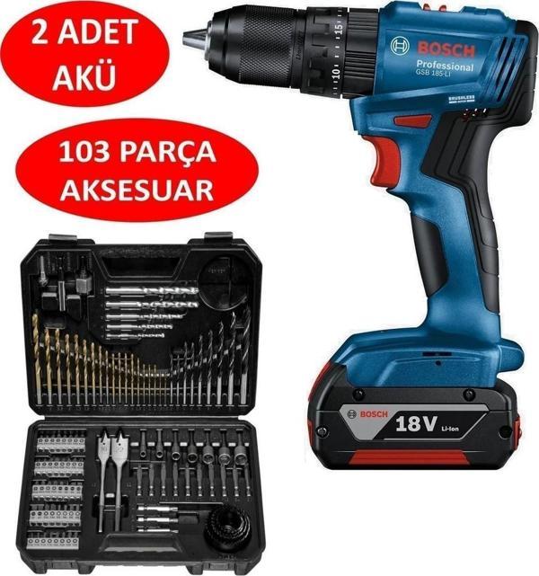 Bosch GSB 185-LI 2 x 2.0 Ah Çift Akülü Darbeli Matkap + 103 Parça V-line Karışık Uç Seti - Image 1