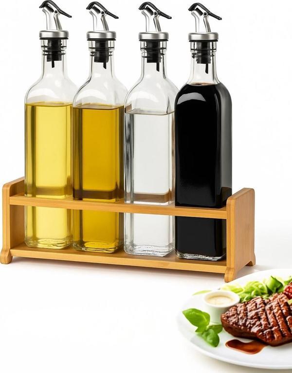 Cam Zeytinyağı ve Sirke Şişesi Seti Doğa Ahşap Tutucu 250ml Sızdırmaz Kapaklı Sos Yağdanlık Set Standlı 4'lü Set - Image 1