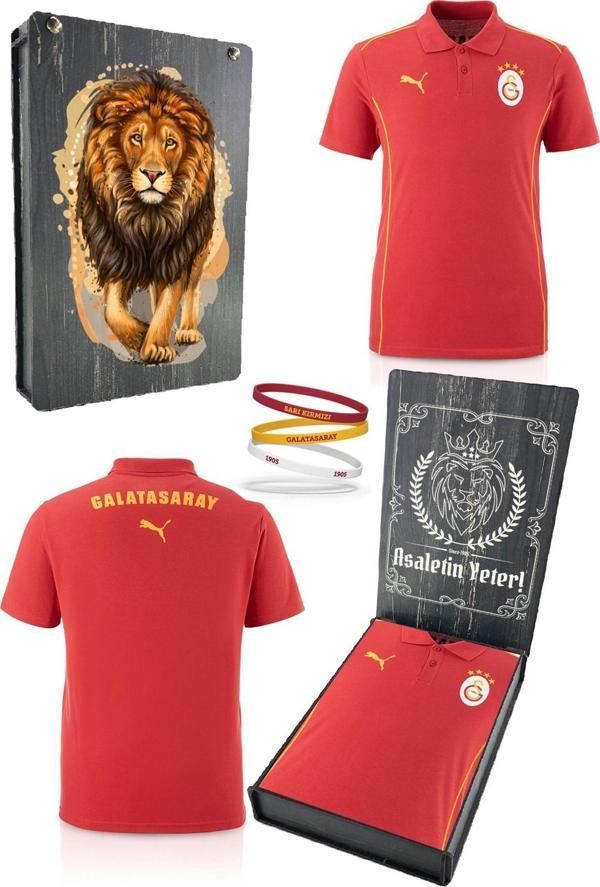 Galatasaray Orijinal Lisanslı Polo Yaka Kırmızı Antrenman T-Shirt + Bileklik Set Ahşap Kutu - Image 1