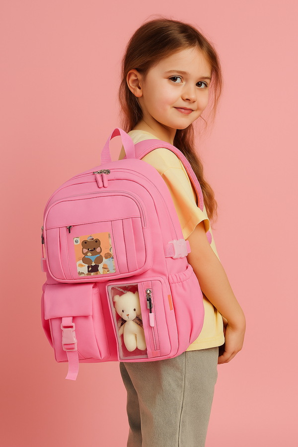 Kawaii Kore Tarzı Aksesuarlı Pembe Kız Okul Sırt Çantası - Image 1