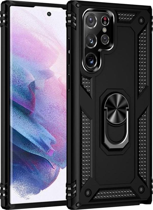 Samsung Galaxy S22 Ultra Uyumlu Kamera Korumalı Standlı Yüzüklü Tank Kılıf - Image 1