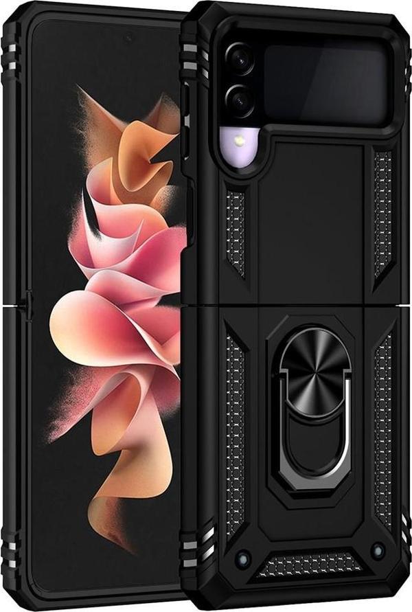 Samsung Galaxy Z Flip 3 Uyumlu Kamera Korumalı Standlı Yüzüklü Tank Kılıf - Image 1
