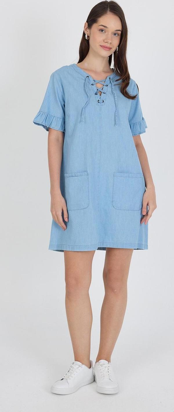 Kadın Önü Cepli Göğüs Bağcıklı Kot Stil Salopet Elbise 1449 - Image 1