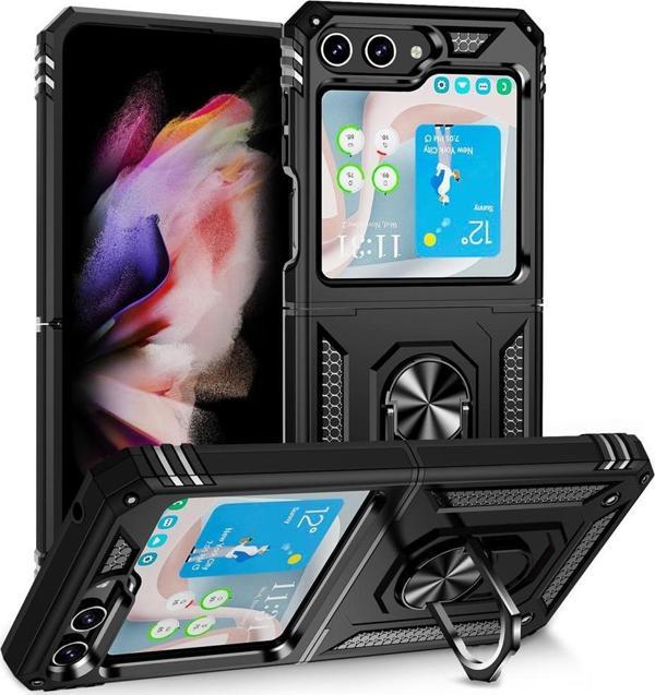 Samsung Galaxy Z Flip 6 Uyumlu Kamera Korumalı Standlı Yüzüklü Tank Kılıf - Image 1