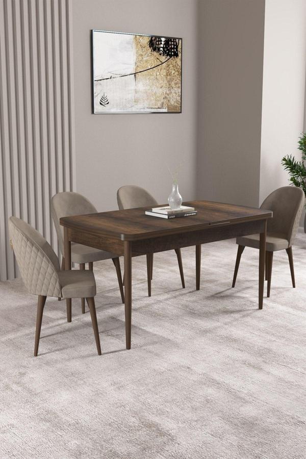 ​​​​​​​Milas Barok Desen 80x132 Açılabilir Mdf Masa Yemek Odası Takımı, Mutfak Takımı 4 Adet Sandaly - Image 1