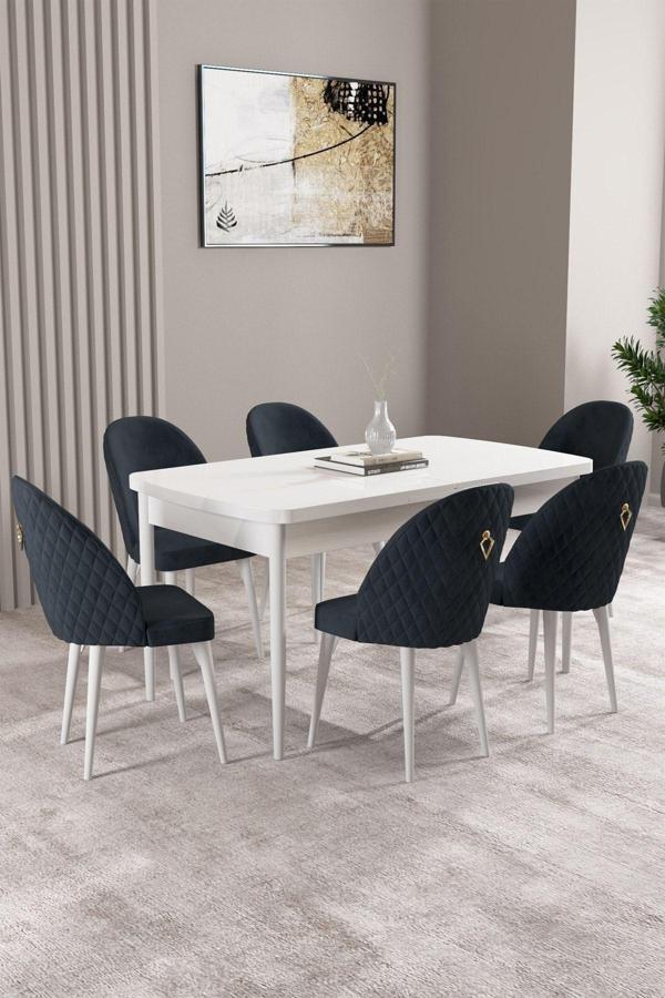 Milas Beyaz 80x132 Açılabilir Mdf Masa Yemek Odası Takımı, Mutfak Takımı 6 Adet Sandalye - Image 1