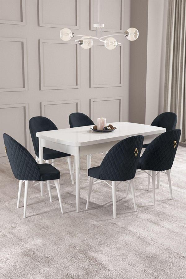 Calvin Beyaz 80x132 Açılabilir Mdf Masa Yemek Odası Takımı, Mutfak Takımı 6 Adet Sandalye - Image 1