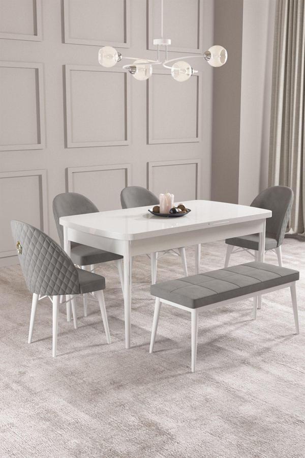 Calvin Beyaz 80x132 Açılabilir Mdf Masa Yemek Odası Takımı, Mutfak Takımı 4 Sandalye, 1 Bench - Image 1