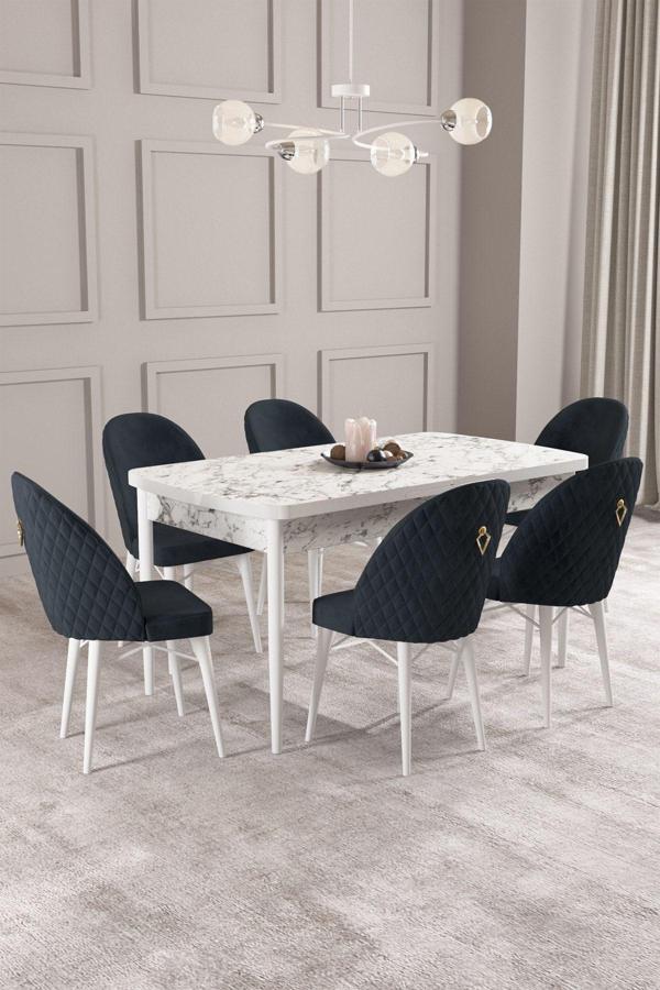 ​​​​​​​Calvin Beyaz Mermer Desen 80x132 Açılabilir Mdf Masa Yemek Odası Takımı, Mutfak Takımı 6 Adet - Image 1