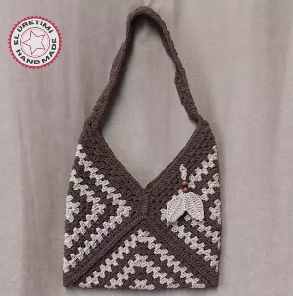 Uretti - Emine 9106 - 3217 El Örgüsü Ahşap Boncuk Detaylı Omuz Çantası - Kahve Tonları - Image 1
